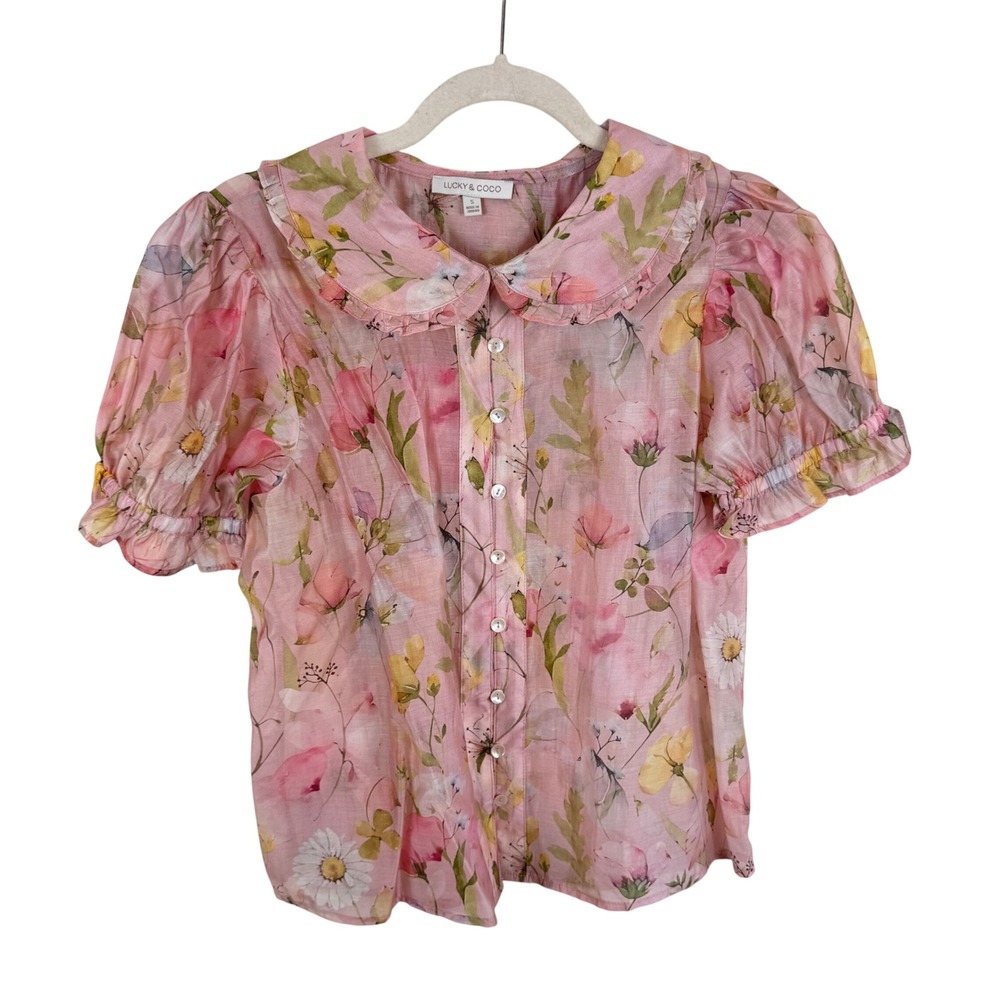 Lucky & Coco Pink Floral Peter Pan Collar Blouse Short Puff Sleeve Cottagecore S